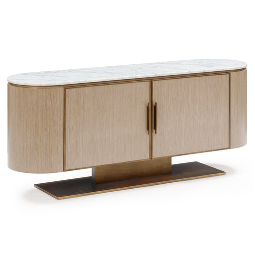 Soleil sideboard, angled view showing marble top and bronze-finished base