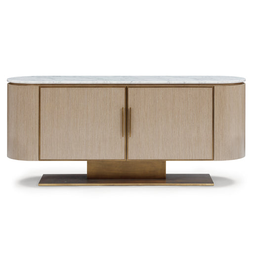Soleil sideboard in drift oak veneer with Carrara marble top and porto bronze steel base