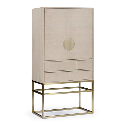 Bronwyn bar cabinet angle view in ash veneer with stainless steel base in satin champagne finish