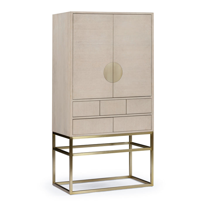 Bronwyn bar cabinet angle view in ash veneer with stainless steel base in satin champagne finish