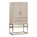 Bronwyn bar cabinet angle view in ash veneer with stainless steel base in satin champagne finish