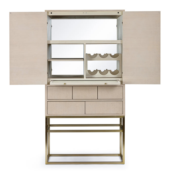 Bronwyn bar cabinet with doors open revealing shelving and integrated bottle storage