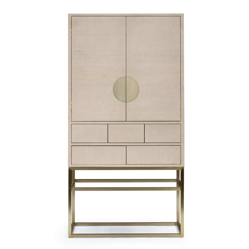 Bronwyn bar cabinet in ash veneer with stainless steel base in satin champagne finish