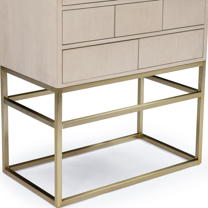 Detail of Bronwyn bar cabinet base in stainless steel with satin champagne finish