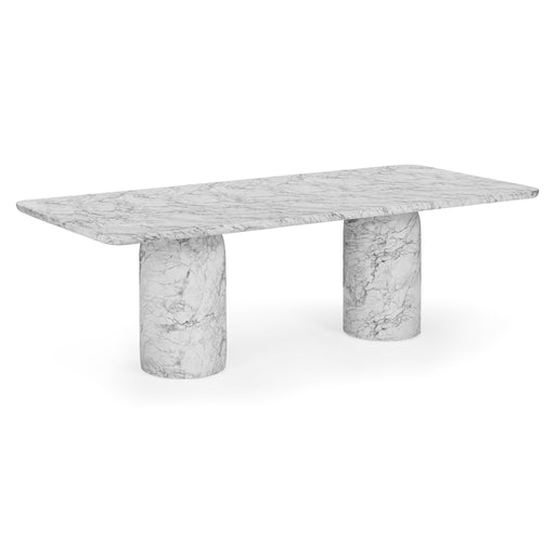 Bryson dining table, angled view showing white marble-look concrete surface and twin pedestal base
