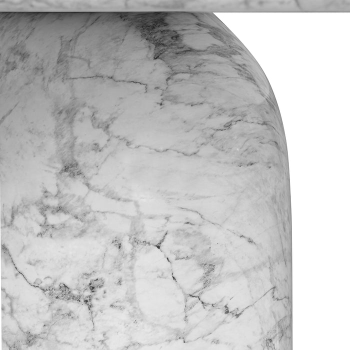 Close-up of cylindrical base on Bryson dining table in white marble-look concrete