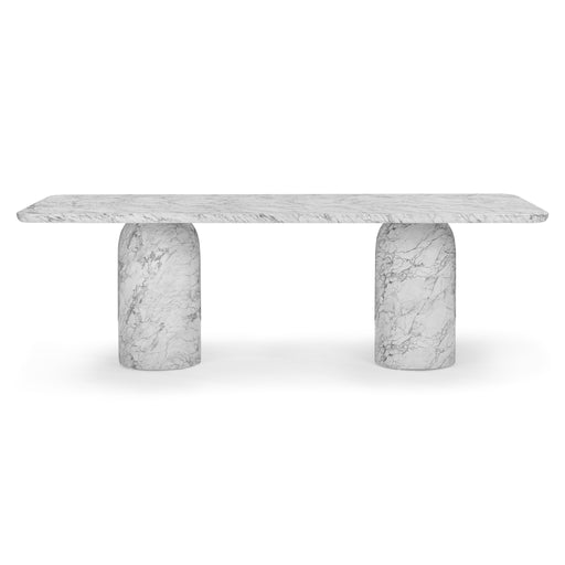 Bryson dining table in glass-reinforced concrete with white marble-look finish and twin pedestal base
