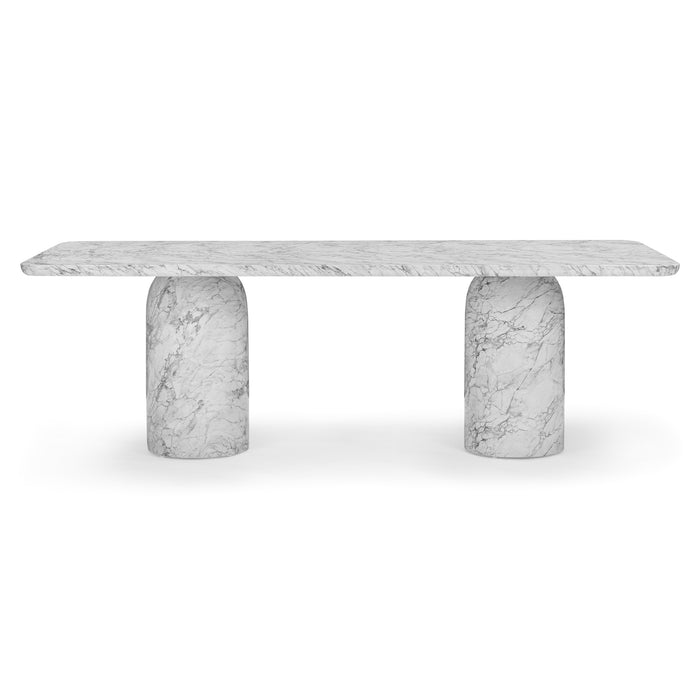 Bryson dining table in glass-reinforced concrete with white marble-look finish and twin pedestal base